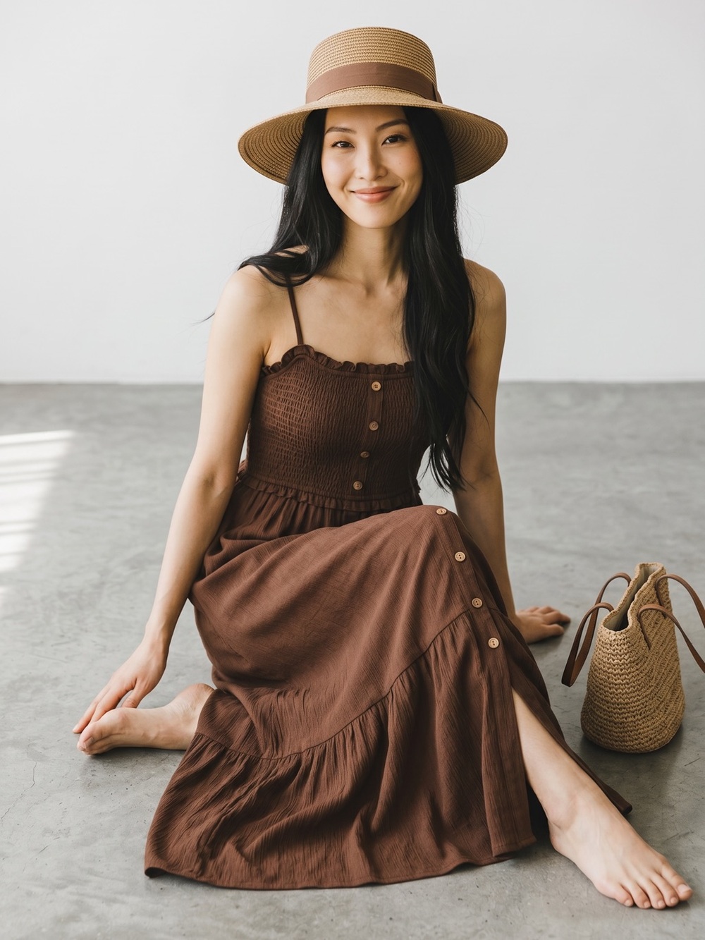 Dokotoo chocolate brown tiered sleeveless maxi dress w/button down front. Size M